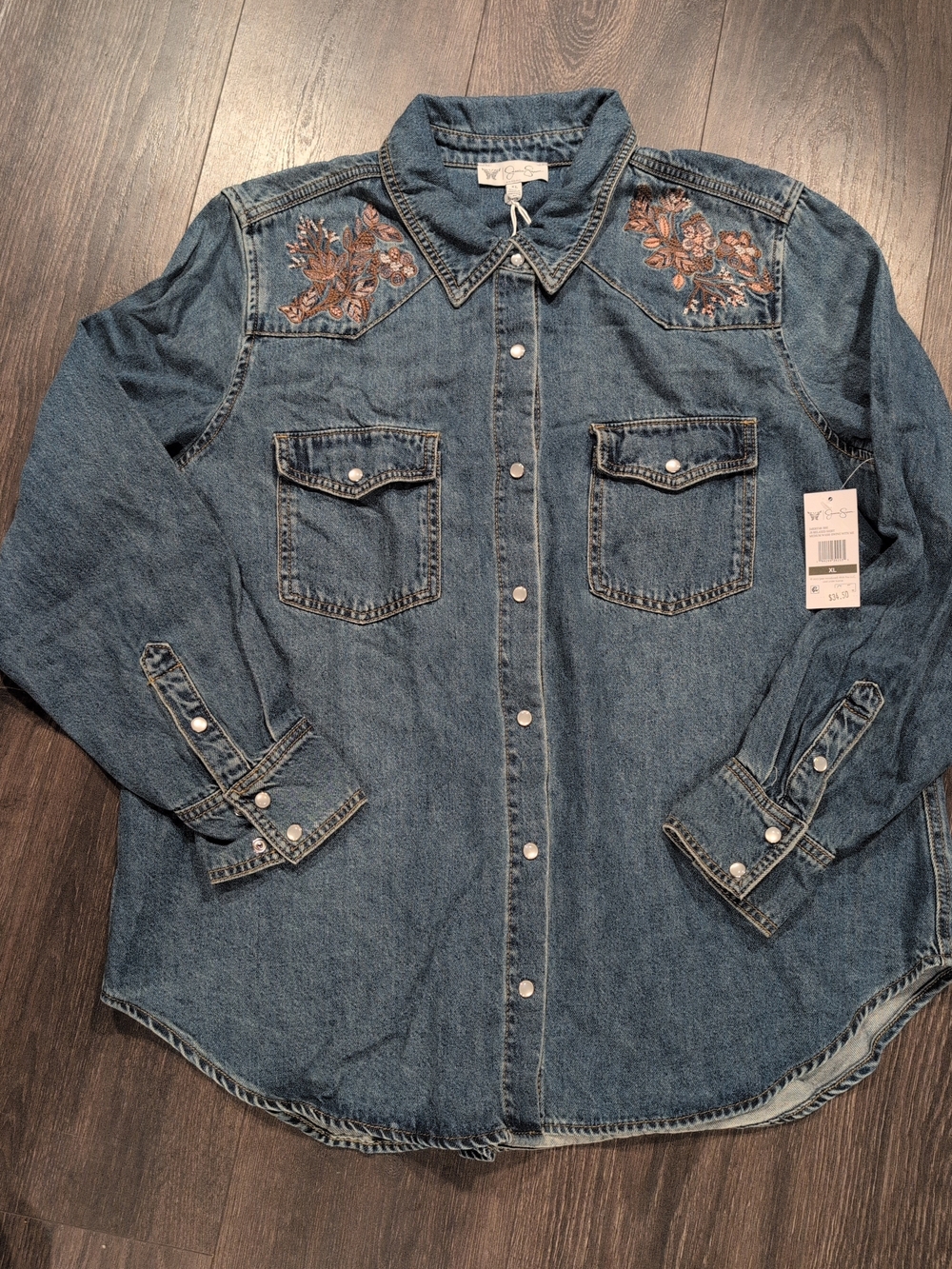 Jessica Simpson Blue Denim Western Shirt Jacket with Embroidered Yoke